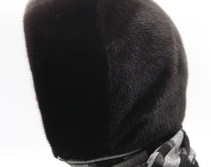 Dark Brown Mink Fur Hat Women Hooded Scarf Handmade Winter Hood Gray Plaid Lining Luxury