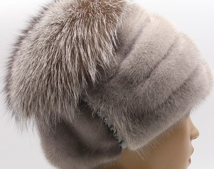 Light Gray Mink Fur Hat with Silver Fox Crown for Women - Handmade Natural Winter