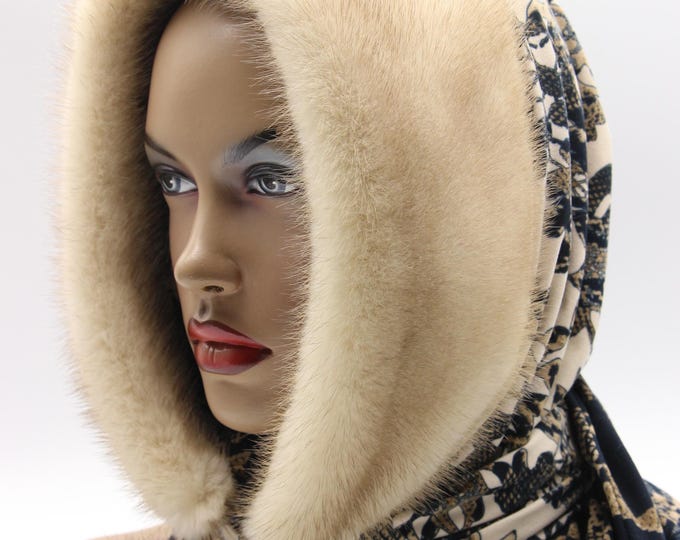 Beige Mink Fur Hooded Scarf Ornate Pattern - Handmade Classic Neutral Winter Hood Wrap Women