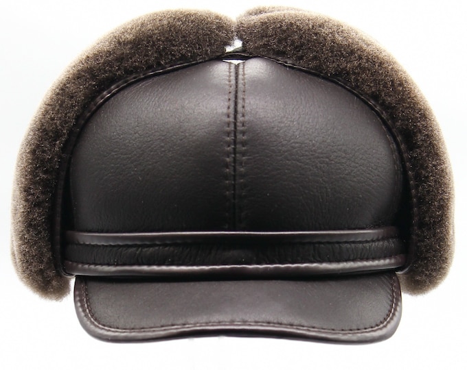 Men's Fur Hat Brown Sheepskin Visor Cap Shearling Winter Aviator Ushanka Handmade