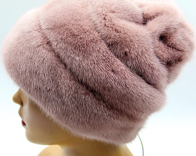 Powder Pink Mink Fur Hat Women Winter with Suede Stripes - Handmade Luxury Warm Headwear Rose Back