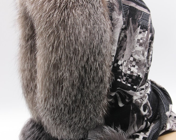 Knit Hood Silver Fox Fur Trim Women Hooded Scarf Winter Head Wrap Fabric Hood