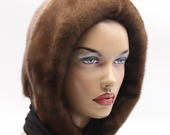 Pastel Brown Mink Fur Hood Cowl Winter Accessory Womens Natural Hat Pompoms Weather Warm