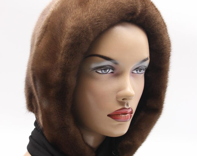 Handmade Pastel Brown Mink Fur Hood with Black Fabric Ties - Luxury Winter Cowl for Women - Natural Fur Accessory