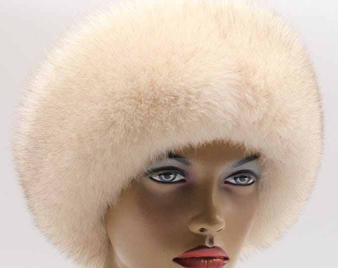Beige Fox Fur Hat Women Leather Crown Winter Real Handmade Luxury Dual Material Statement