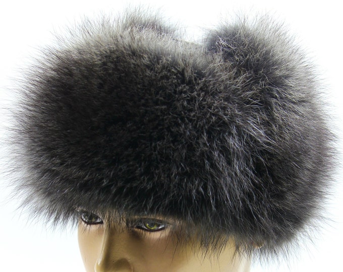 Grey Toned Raccoon Fur Black Leather Ushanka Hat - Sophisticated Winter Hat for Men
