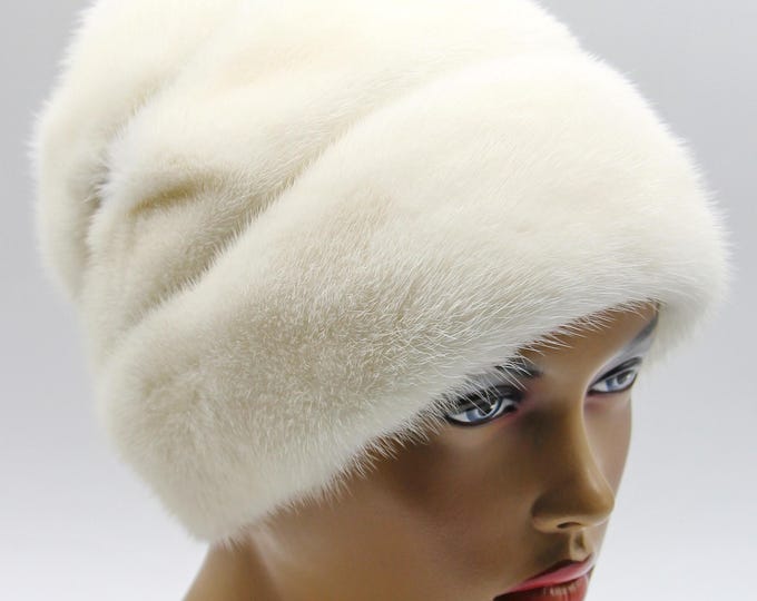 White Mink Fur Hat Women Winter with Suede Stripes - Handmade Luxury Warm Headwear Rose Back