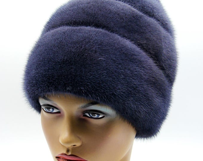 Graphite Blue Grey Mink Fur Hat Women Winter with Suede Stripes - Handmade Luxury Warm Headwear Rose Back