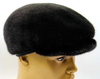 Fur mink newsboy cap black men's winter hat