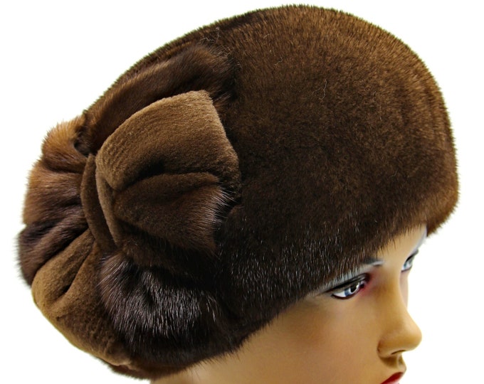 Pastel Mink Fur Hat Beret Flower Ukraine Women Brown