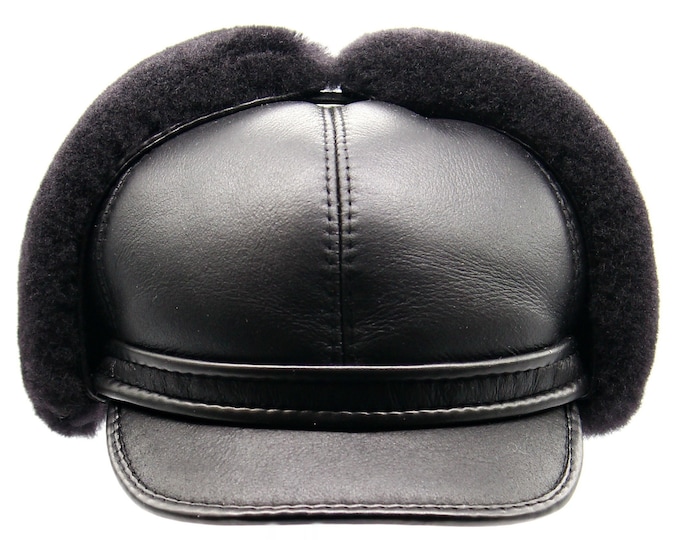 Men's Black Sheepskin Ushanka Hat with Visor Winter Leather Fur Earflaps Handmade