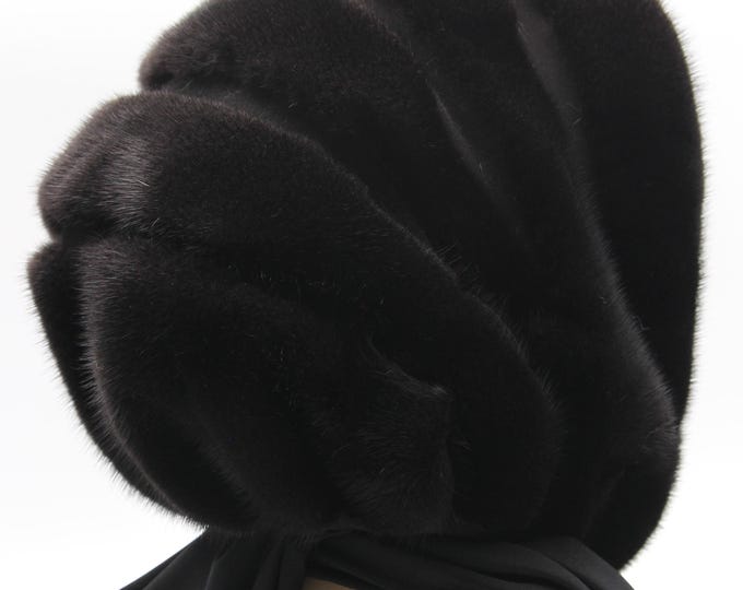 Natural Dark Brown Mink Fur Hooded Scarf for Women - Handmade Winter Hood Wrap