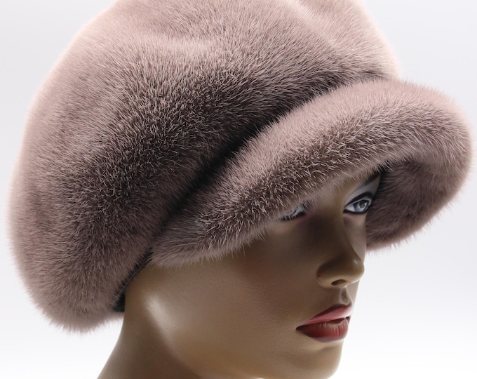 Mink Fur Newsboy Cap for Women - Handmade Baker Style Winter Headwear
