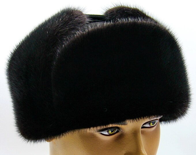 Men's Black Mink Ushanka Hat - Handmade Winter Trapper Hat with Suede Top