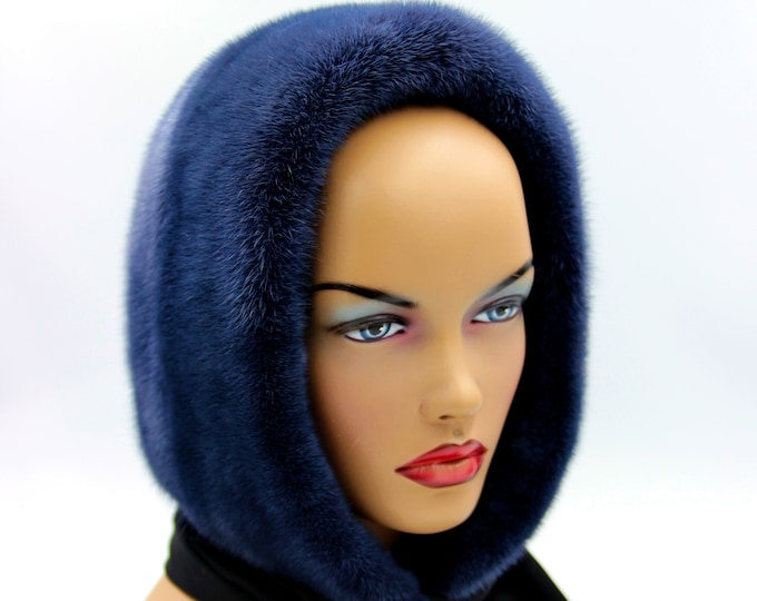 Mink hood winter fur hat winter shawl headdress made of mink scarf for women graphite blue