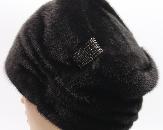 Black Mink Fur Hat Boyar Style Pleated Crown for Women - Handmade Natural Winter