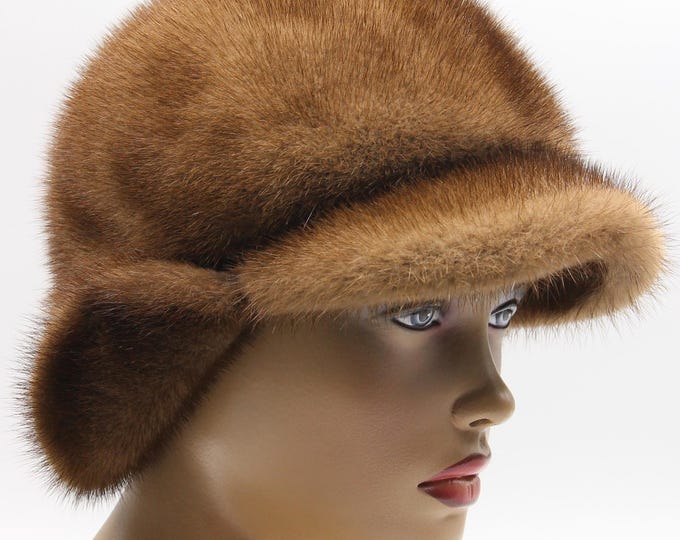 Luxury Pastel Brown Mink Fur Hat with Visor for Women - Winter Ushanka