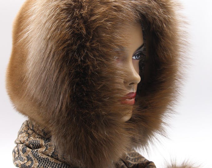 Light Brown Mink Fox Fur Hat Women Hooded Scarf Handmade Winter Hood Natural Coordinated Luxury