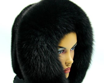 Black Hat Fur Hood Scarf: Winter Fox Mink Cowl