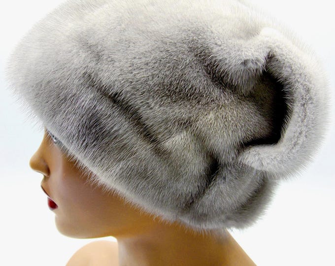 Sapphire Gray Mink Fur Hat Wave Bow Back Natural - Handmade Winter Headwear for Women