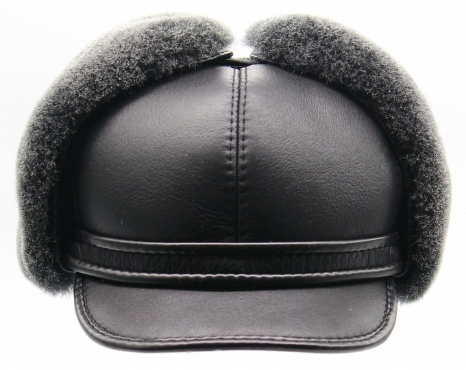 Black Shearling Visor Cap - Men's Aviator Ushanka Fur Hat with Sheepskin
