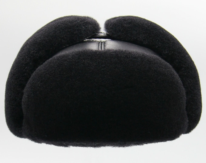 Black Shearling Fur Hat - Men's Aviator Winter Ushanka with Sheepskin