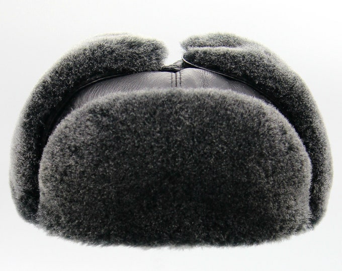 Black Shearling Ushanka Fur Hat - Men's Sheepskin Winter Trapper