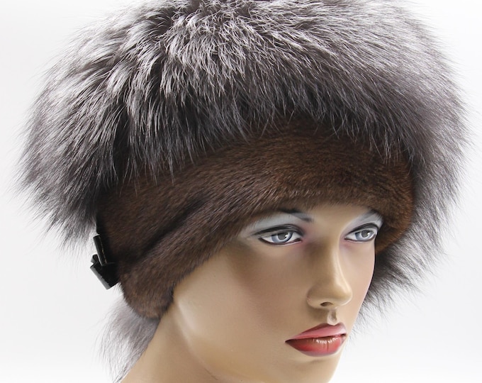 Pastel Mink Silver Fox Fur Hat Women Winter Luxury Handmade Fitted Natural