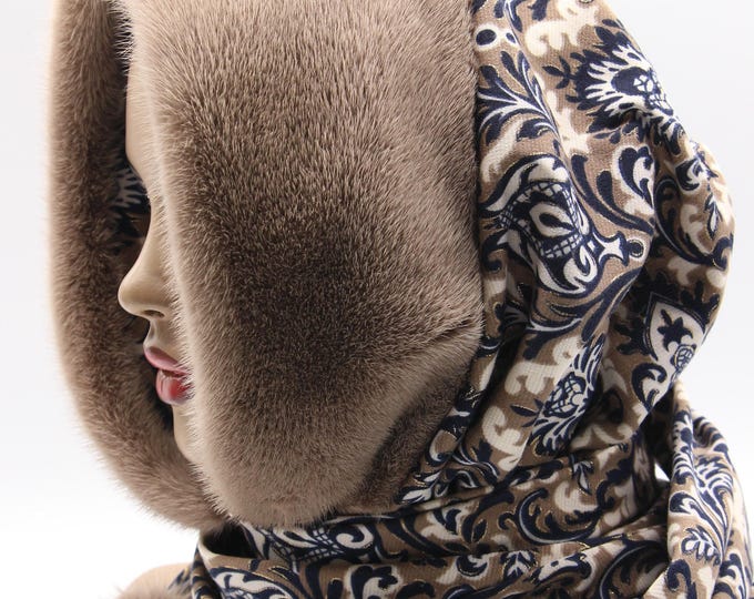 Cappuccino Mink Fur Hooded Scarf Ornate Pattern - Handmade Unique Neutral Winter Hood Wrap Women