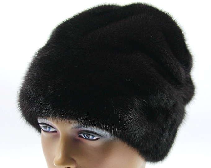 Real women's fur mink winter ladies warm hat "Kozachek dovyaz" black