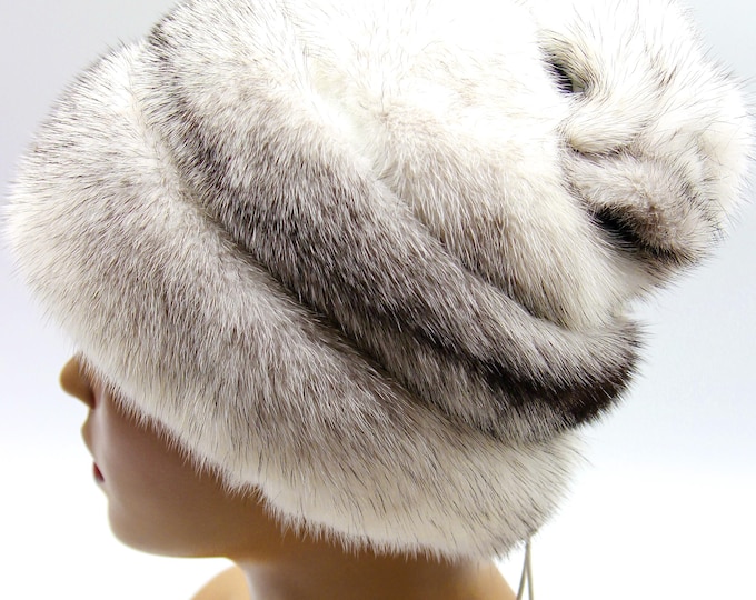 Silver Cross Mink Fur Hat Women Winter with Suede Stripes - Handmade Luxury Warm Headwear Rose Back