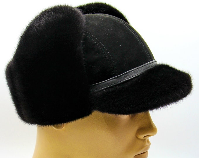 Black Mink Ushanka Hat with Fur Visor - Men's Winter Trapper with Suede Construction