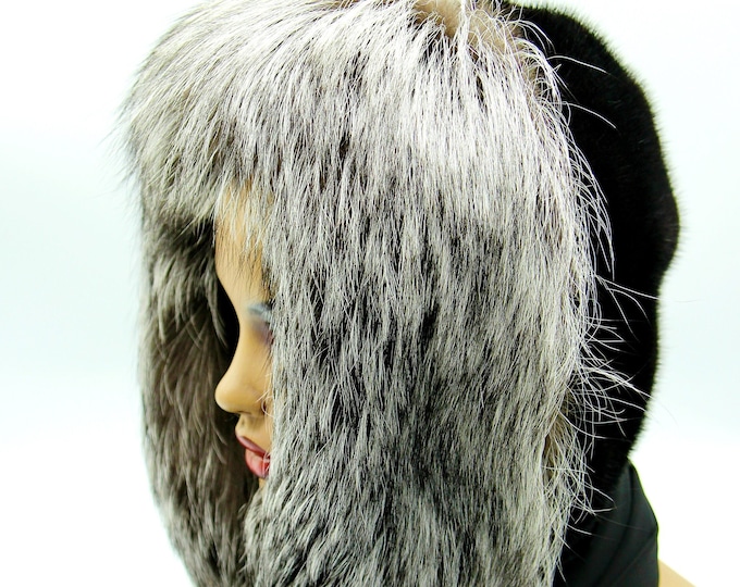 Mink Fur Hat Hood Scarf: Silver Black Winter Cowl
