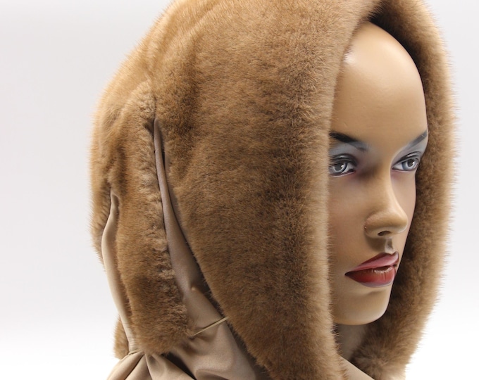 Natural Cream Pastel Mink Fur Hat Hooded Scarf - Undyed Beige Winter Wrap