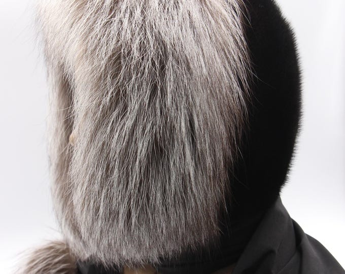 Black Mink Silver Fox Fur Hat Women Hooded Scarf Handmade Winter Hood Luxury Dual Fur Trim