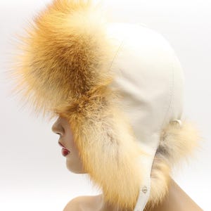 Red fox fur hat women white leather ushanka trapper earflaps winter - handmade luxury natural fox