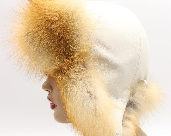 Handmade White Leather Ushanka Hat with Red Fox Fur for Women