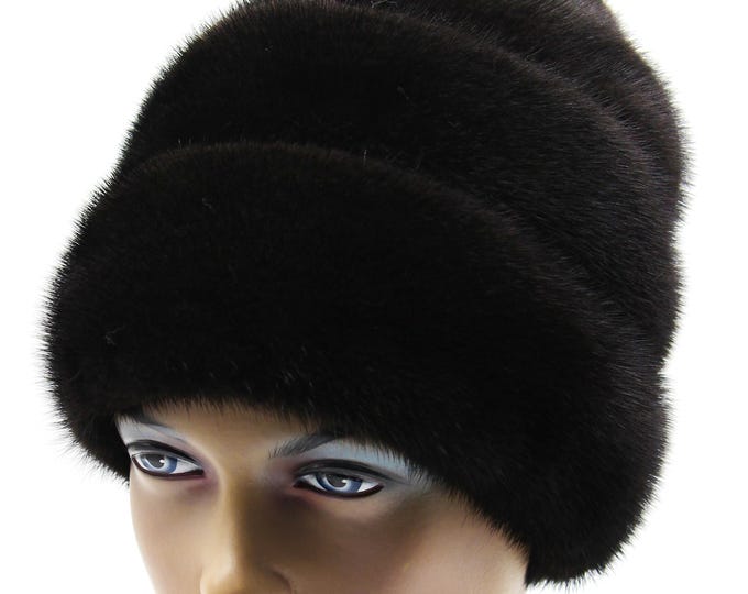 Black Mink Fur Hat Women Winter with Suede Stripes - Handmade Luxury Warm Headwear Rose Back