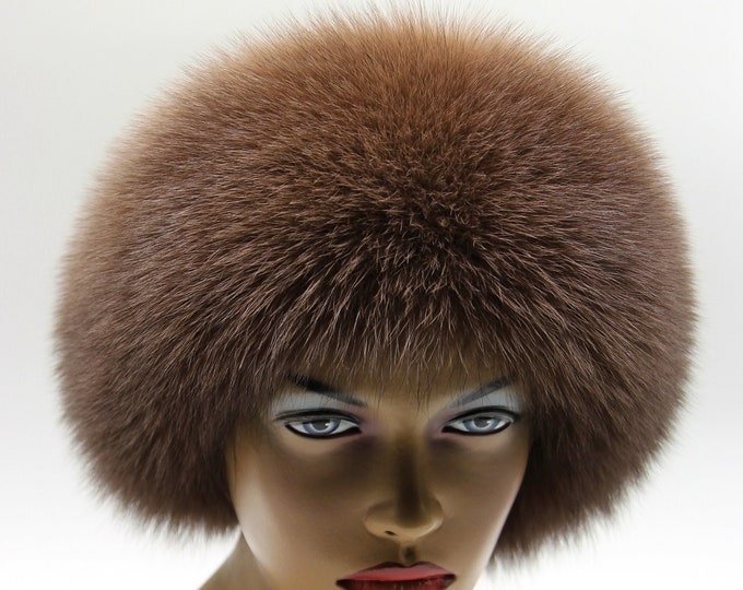 Handmade Brown Fox Fur Hat with Suede Leather Base for Women