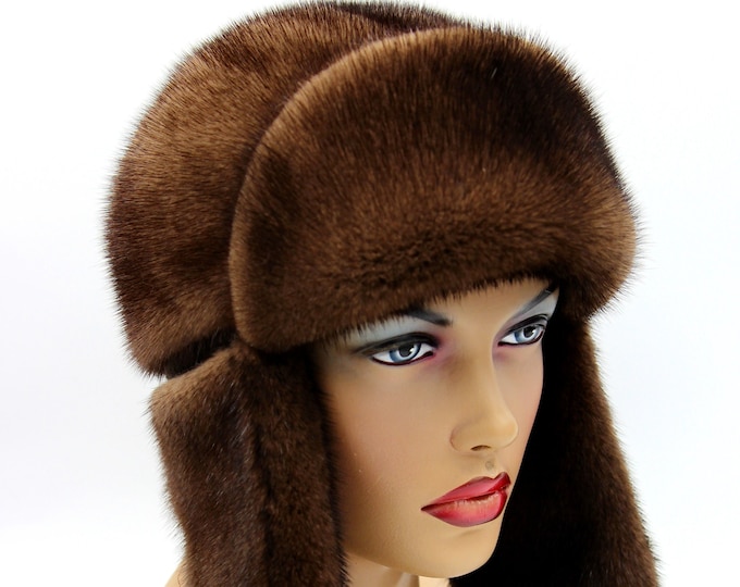 Handmade Women's Mink Fur Ushanka Hat – Brown and Black Winter Trapper