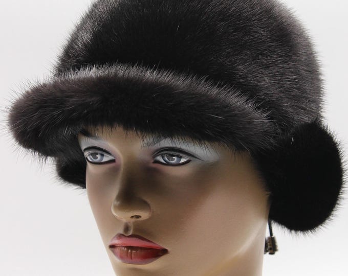 Luxury Black Mink Fur Hat with Visor for Women - Winter Ushanka