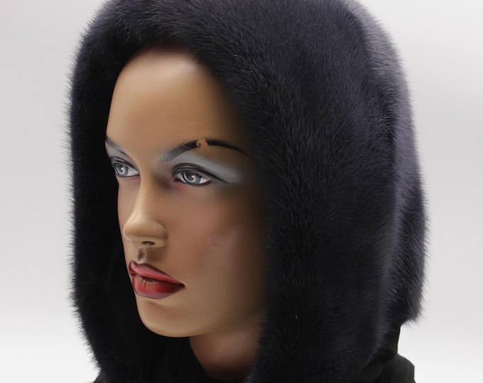 Handmade Graphite Grey Mink Fur Hood - Luxury Dyed Dark Winter Cowl for Women - Toned Fur Accessory