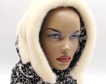 Cream Mink Fur Hooded Scarf Hood Winter Handmade Womens Natural Hat Wrap Cold Weather