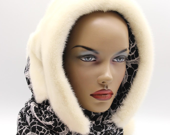 Handmade Cream Mink Fur Hooded Scarf with Patterned Fabric - Luxury Ivory Winter Hood Wrap for Women - Natural Fur Accessory