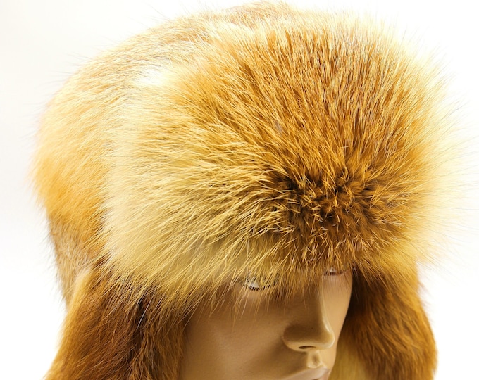 Mens Red Fox Fur Ushanka Winter Hat - Handmade Ukrainian Trapper Cap with Earflaps