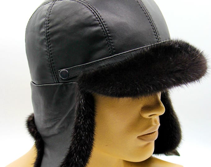 Black Leather Ushanka Hat with Visor - Men's Winter Trapper with Fur Earflaps
