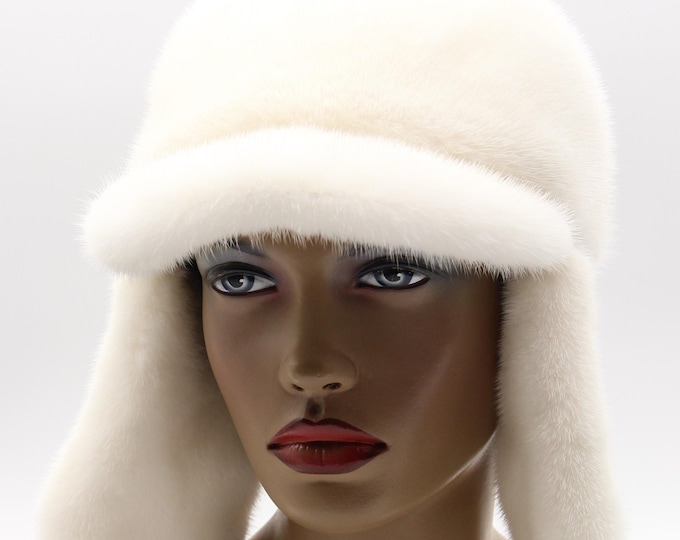 Handmade Pearl Beige Mink Fur Ushanka Hat with Visor for Women – Luxury Winter Trapper