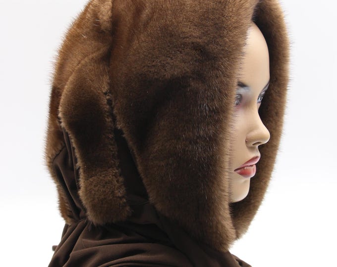 Light Brown Natural Mink Fur Hat Hooded Scarf - Undyed Warm Winter Wrap