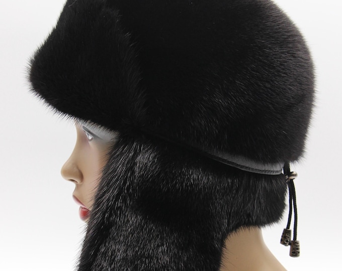 Handmade Black Mink Fur Ushanka Hat for Women – Classic Winter Trapper