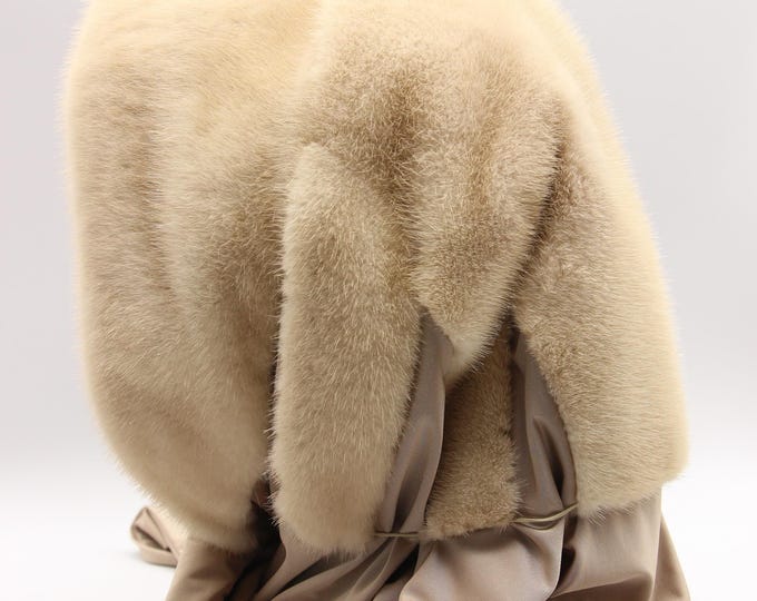 Pearl Beige Natural Mink Fur Hat Hooded Scarf - Undyed Cream Winter Wrap